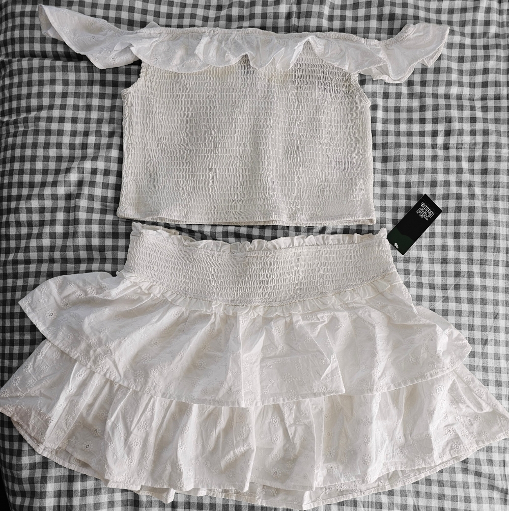 wild fable White Smocked Off-Shoulder Crop Top & Ruffled Mini Skirt Set